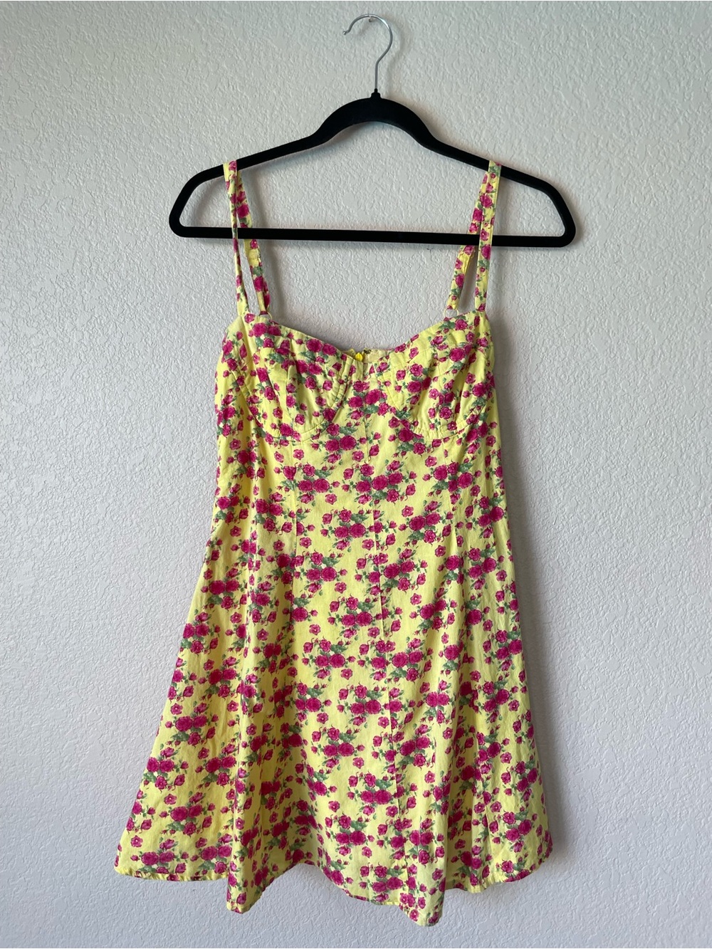 DuO Yellow Pink Rose Floral Mini Dress Cotton Retro Fit Flare Corset Cups L